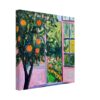 4e199c19-7ee9-40f5-91aa-91541e6d21be.jpg Árbol de naranjas pintado en estilo impresionista, vista desde una ventana con luz natural.