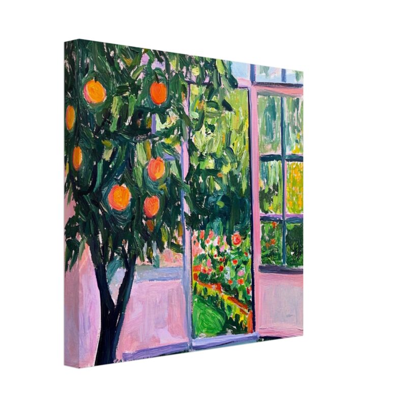 4e199c19-7ee9-40f5-91aa-91541e6d21be.jpg Árbol de naranjas pintado en estilo impresionista, vista desde una ventana con luz natural.