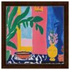 Lienzo de arte con flores y plantas, estilo colorido y moderno, enmarcado en madera para decoración de interiores.
