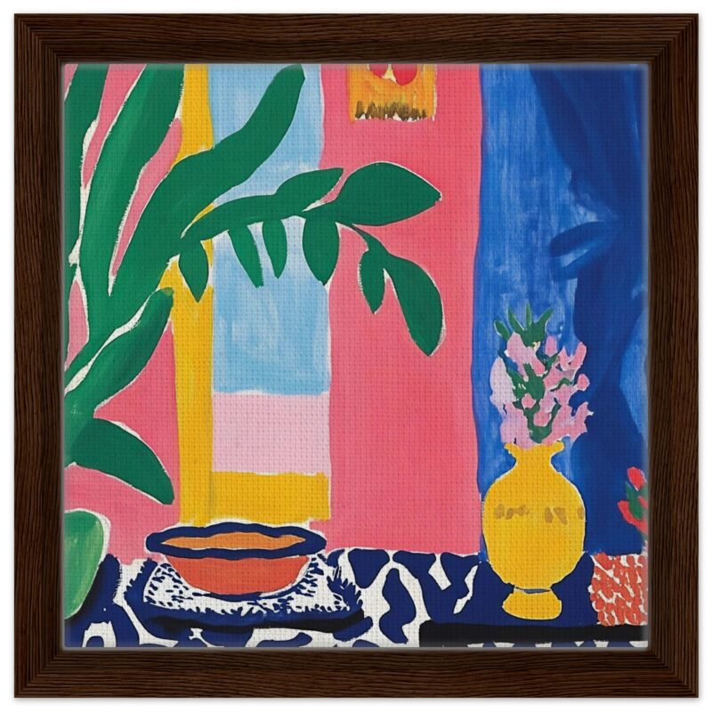 Lienzo de arte con flores y plantas, estilo colorido y moderno, enmarcado en madera para decoración de interiores.