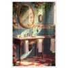4e968c31-e7f5-4333-b817-028219fa6974.jpg Espejo vintage en baño con azulejos azul claro y flores rosadas, estilo romántico, iluminación natural y decoración floral, arte digital de alta calidad.
