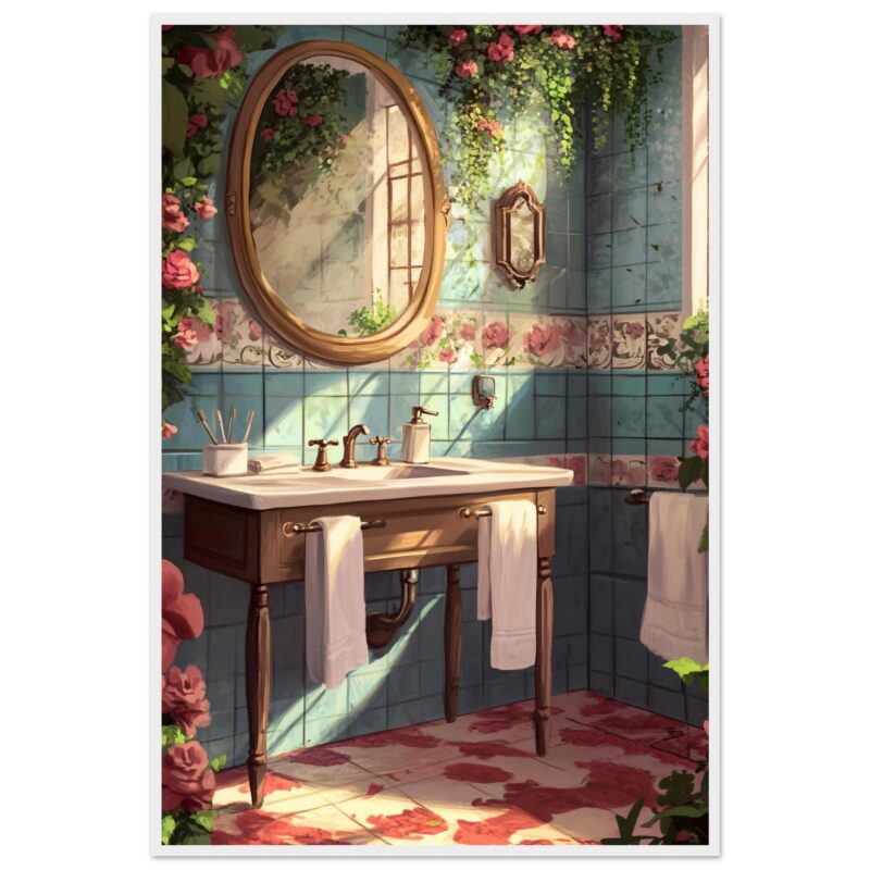 4e968c31-e7f5-4333-b817-028219fa6974.jpg Espejo vintage en baño con azulejos azul claro y flores rosadas, estilo romántico, iluminación natural y decoración floral, arte digital de alta calidad.