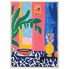 4ea2e63c-fa27-4500-a480-5726eb721249.jpg Colores vibrantes en pintura moderna con plantas y flores en interior estilizado.