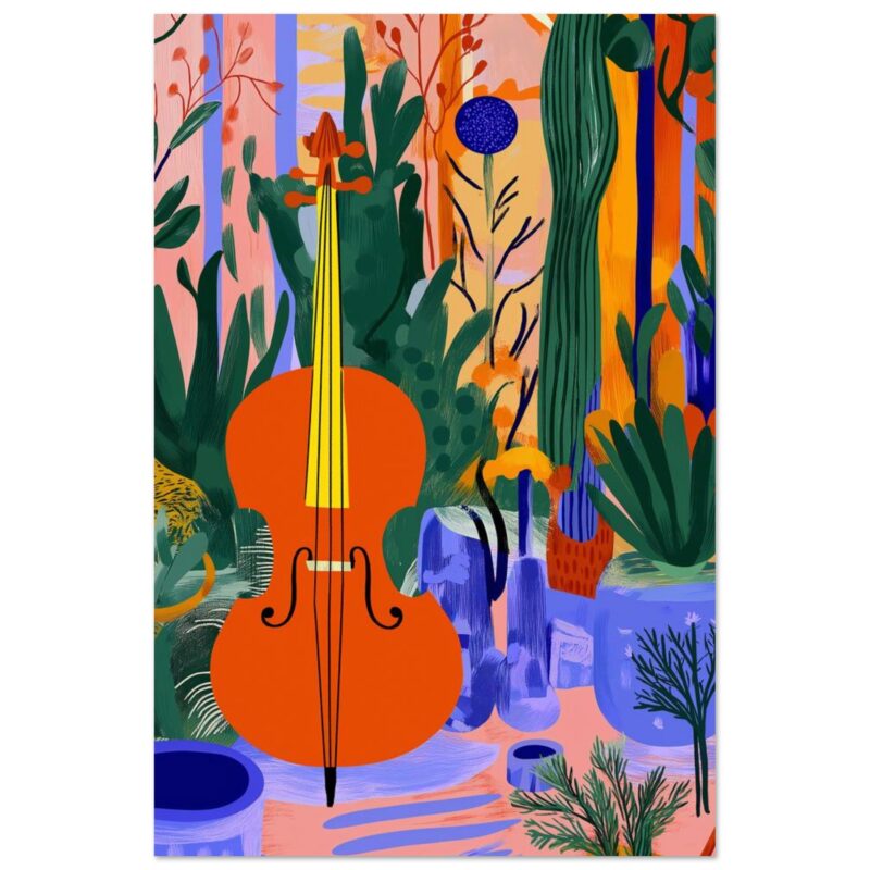 Vihuela y plantas en un estilo colorido y abstracto, obra artística de Digiart Studio, perfecta para decorar espacios modernos.