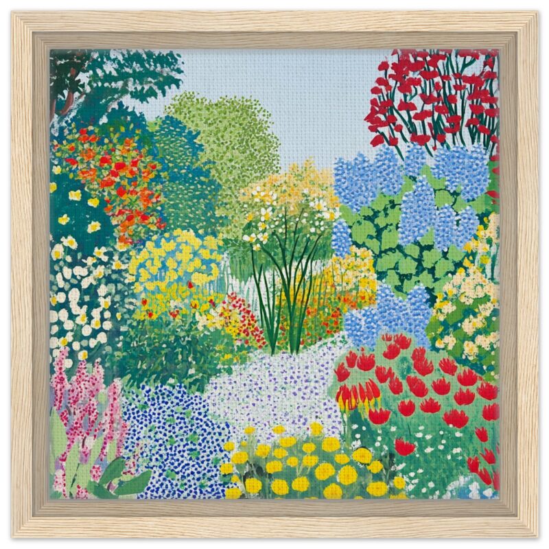 Paisaje floral colorido pintado a mano en técnica de puntos en marco de madera.