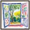 Ventana abierta con vista a jardín pintado en estilo acuarela, decoración colorida y naturaleza en arte digital.