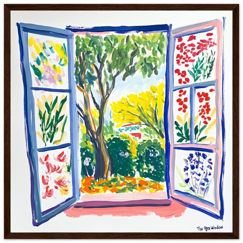 Ventana abierta con vista a jardín pintado en estilo acuarela, decoración colorida y naturaleza en arte digital.
