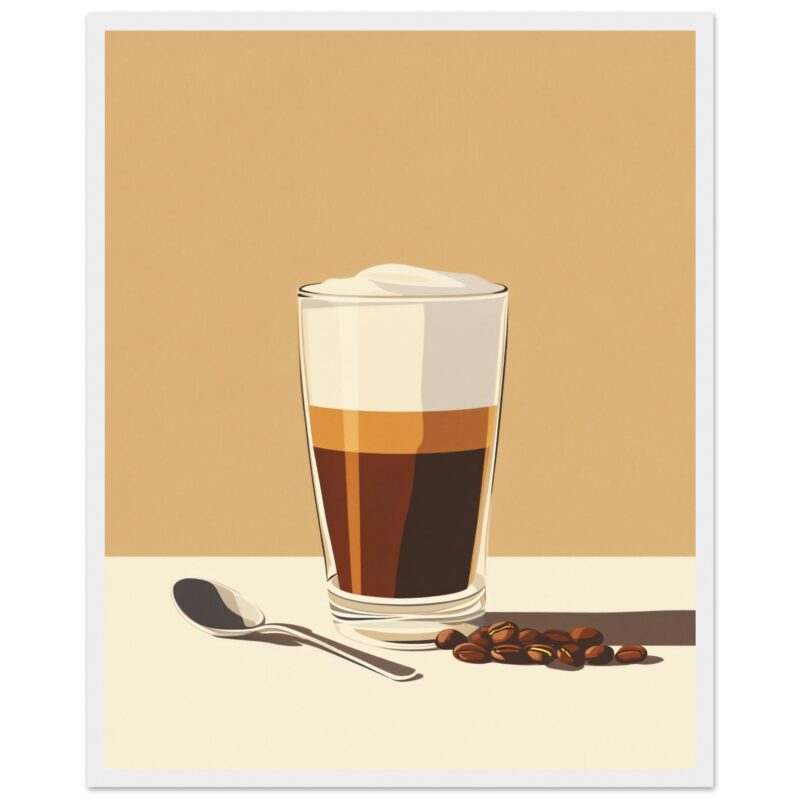 Café con capas en vaso con leche espumada y granos de café, ilustración digital de Starbucks.