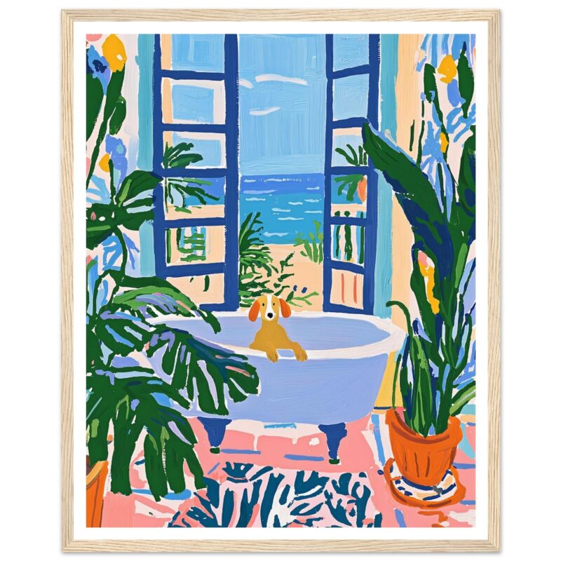 Azul, plantas verdes y perro en bañera con vista al mar desde la ventana.