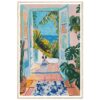 Puerta abierta con vista al mar, flora tropical y perro en estilo pintura acrílica.