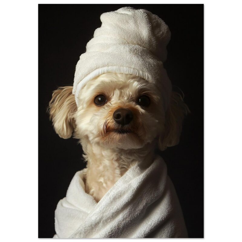 Perro con toalla en cabeza y ropa de spa, cuidado de mascotas, fotografía artística, ambiente relajante, mascota bien cuidado.