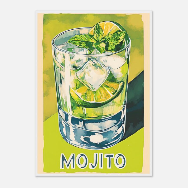 Refresco de mojito con hielo, limón y menta en vaso transparente.