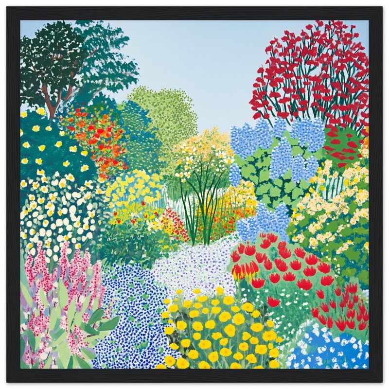 Flores coloridas en jardín pintado estilo digital, arte vibrante y lleno de primavera, ilustración de naturaleza en óleo digital.