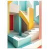 Puerta de entrada colorida con escaleras blancas y paredes de diversos colores en estilo moderno.