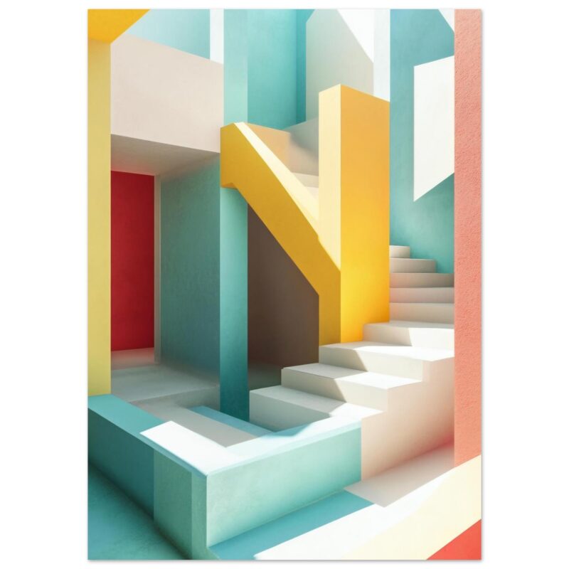 Puerta de entrada colorida con escaleras blancas y paredes de diversos colores en estilo moderno.