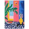 5233bd3d-ebf0-4c01-9247-a04499d2ee7f.jpg Vase amarilla con flores rosas en espacio colorido y moderna decoración artística.