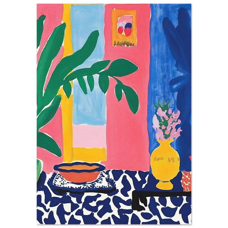 5233bd3d-ebf0-4c01-9247-a04499d2ee7f.jpg Vase amarilla con flores rosas en espacio colorido y moderna decoración artística.
