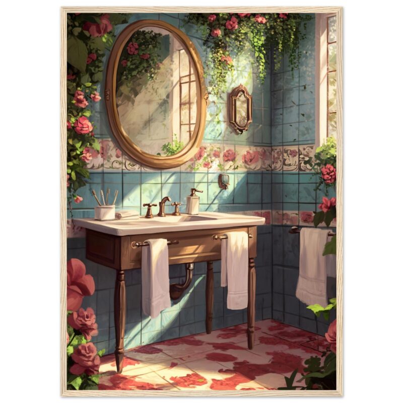 5249f974-8382-4a9d-aef4-3edfd15a368e.jpg Espejo vintage en baño con azulejos azules y flores en paredes y suelo, luz solar natural, decoración romántica y rústica.