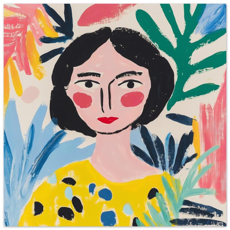 Retrato de mujer con estilo artístico colorido y moderno, fondo con plantas y formas abstractas, obra de Digiart Studio para decoración.