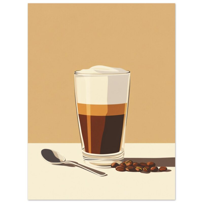 Bebida de café con leche y espuma en vaso artístico digital.