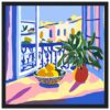 Naranjas en un cuenco y planta en una ventana con vista a edificios coloridos.