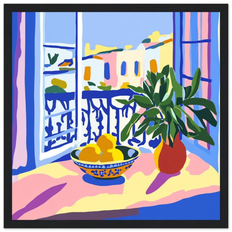 Naranjas en un cuenco y planta en una ventana con vista a edificios coloridos.