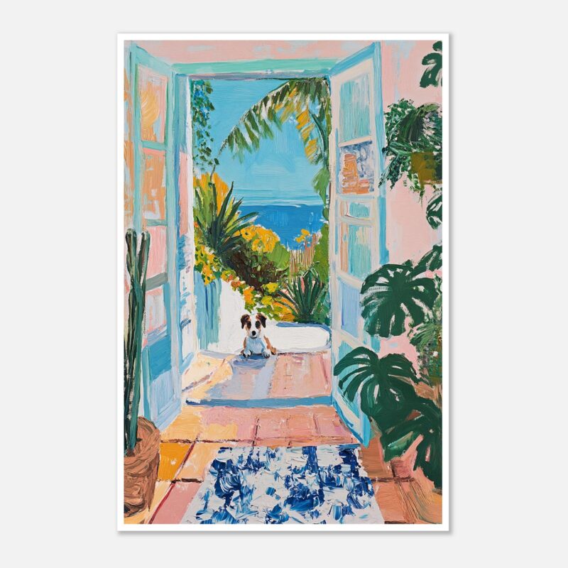 Puerta abierta con vista al mar y naturaleza tropical, pintura vibrante y colorida, estilo artístico y moderno.