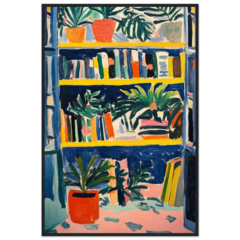 Libros y plantas en estantería colorida, pintura moderna y vibrante, decoración de interior artística y creativa en estilo expresionista.
