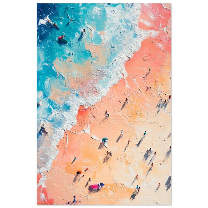 Archivo de imagen, digital pintura de playa con personas y oleaje vibrante, estilo artístico y moderno.