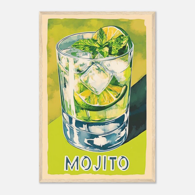 Refresco mojito con limón, menta y hielo en vaso transparente, ilustración artística estilo acuarela.