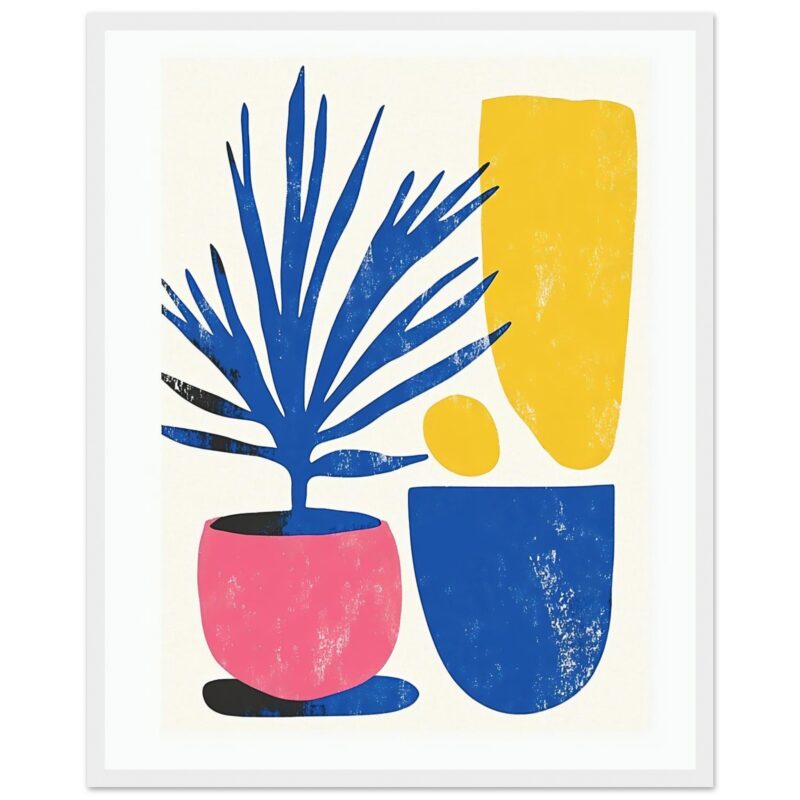 Rincón decorativo con plantas y jarrones estilo abstracto en colores vibrantes.