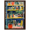 Libro, plantas y estantería en estilo expresionista, pintura moderna en colores vibrantes, arte decorativo para espacios contemporáneos.
