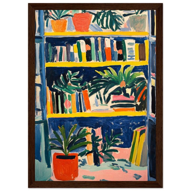 Libro, plantas y estantería en estilo expresionista, pintura moderna en colores vibrantes, arte decorativo para espacios contemporáneos.