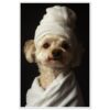 Perro con toalla en la cabeza, estilo spa, belleza y cuidado de mascotas.