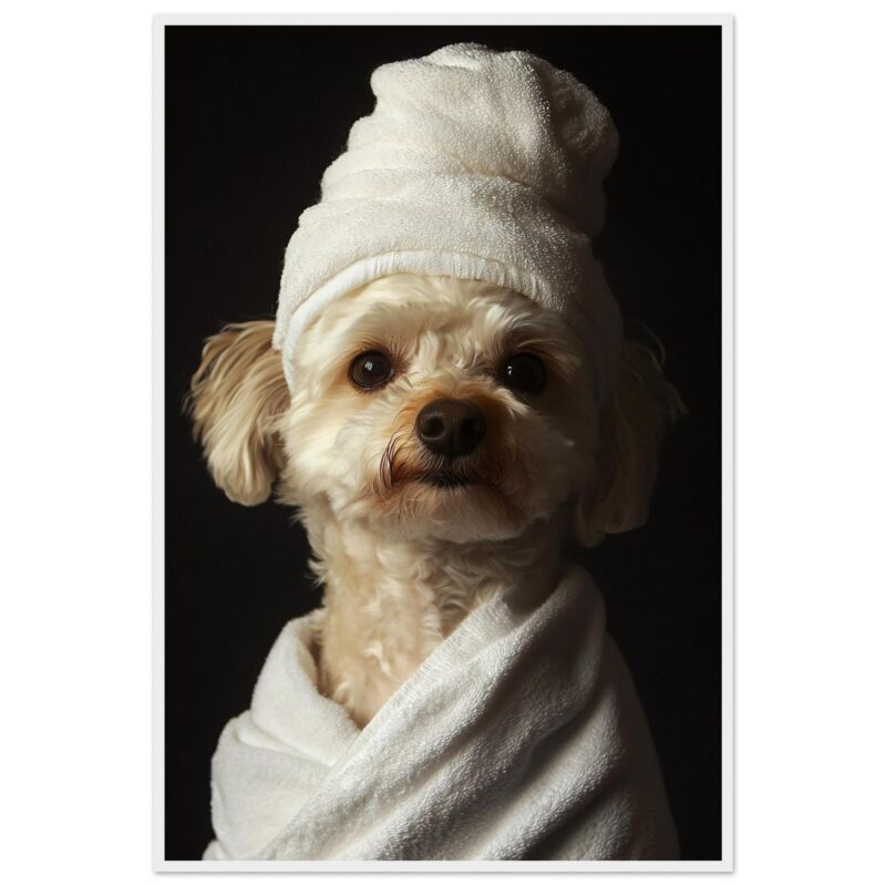 Perro con toalla en la cabeza, estilo spa, belleza y cuidado de mascotas.