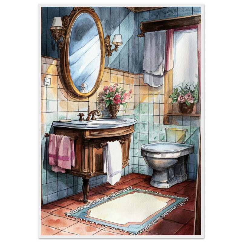 Lavabo y espejo en baño rústico con flores y cojines decorativos.