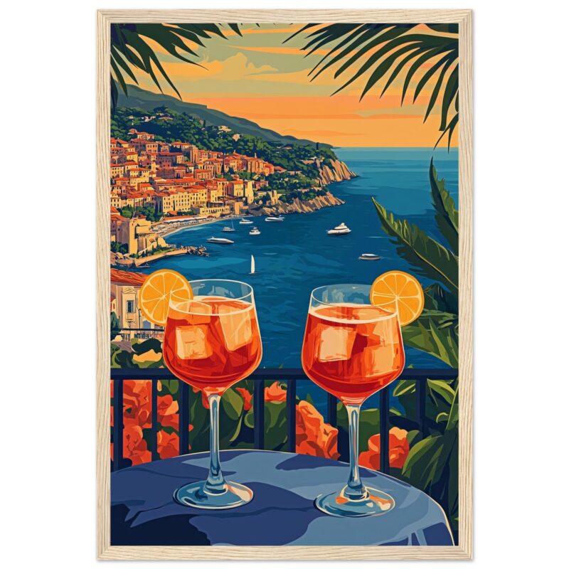 Vistas panorámicas de la costa italiana con cócteles en primer plano.
