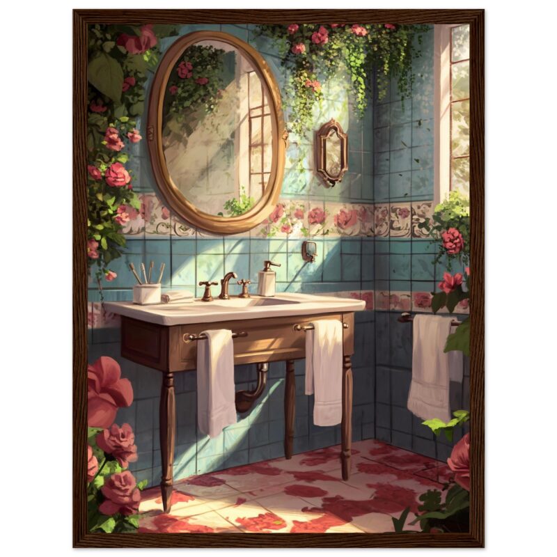 5483a8df-d7e4-4a0f-ae60-08449c45278c.jpg Espejo grande con marco de madera sobre lavabo con toallas blancas en baño decorado con flores y azulejos azules, iluminación natural y ambiente acogedor.