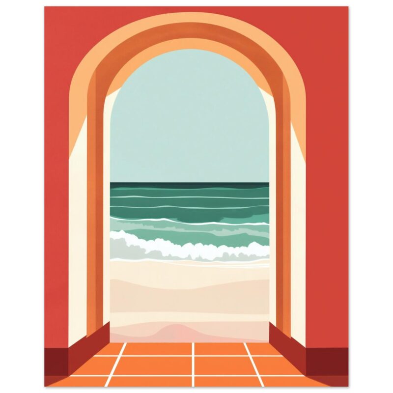Atardecer desde una ventana con vista al mar, ilustración de estilo digital y colores cálidos.