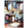 Bano con espejo y plantas decorativas, estilo watercolor, ambientación vintage, decoración interior, arte digital para hogar.