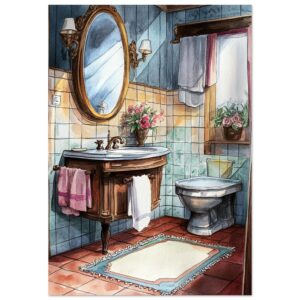 Bano con espejo y plantas decorativas, estilo watercolor, ambientación vintage, decoración interior, arte digital para hogar.