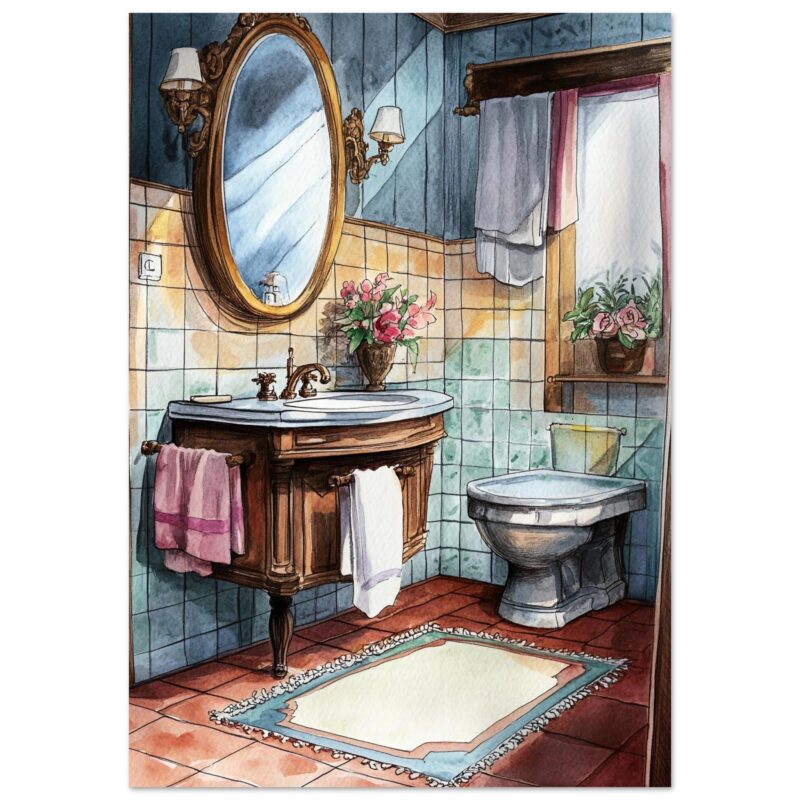 Bano con espejo y plantas decorativas, estilo watercolor, ambientación vintage, decoración interior, arte digital para hogar.