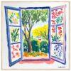 Ventana abierta a un jardín pintado en estilo impresionista, exuberante y colorido, ideal para arte digital y decoración de interiores.