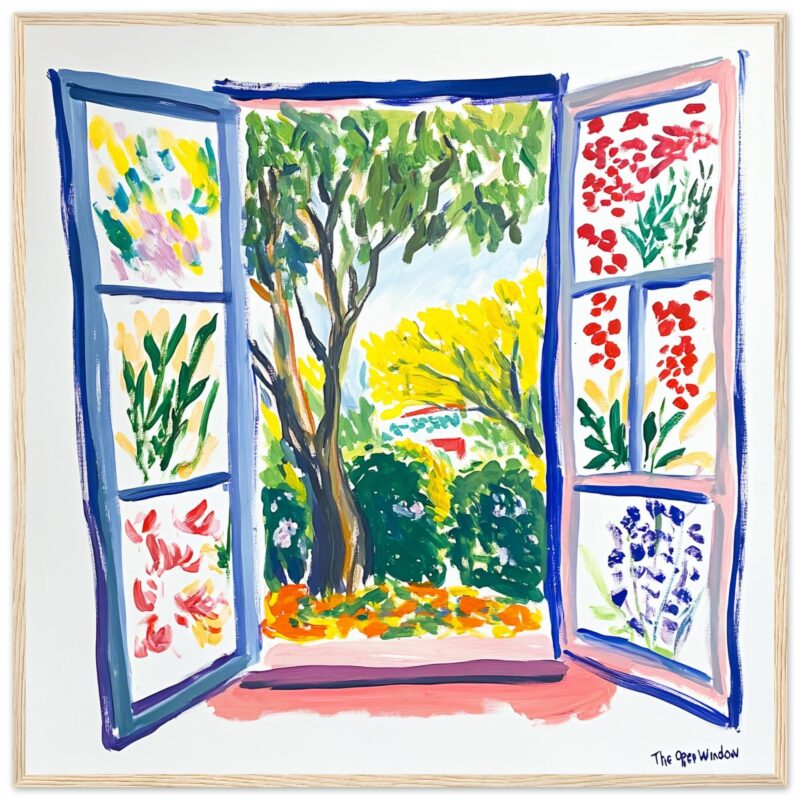 Ventana abierta a un jardín pintado en estilo impresionista, exuberante y colorido, ideal para arte digital y decoración de interiores.
