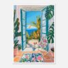 Puerta abierta con vista al mar, plantas tropicales y perro en interior con estilo artístico.