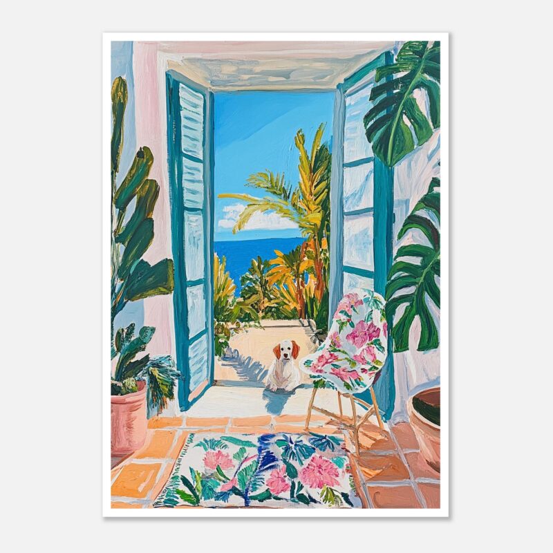 Puerta abierta con vista al mar, plantas tropicales y perro en interior con estilo artístico.
