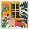 Colorida ilustración de interior con estilo artístico, plantas y mujer en sofá, ideal para decoración moderna.