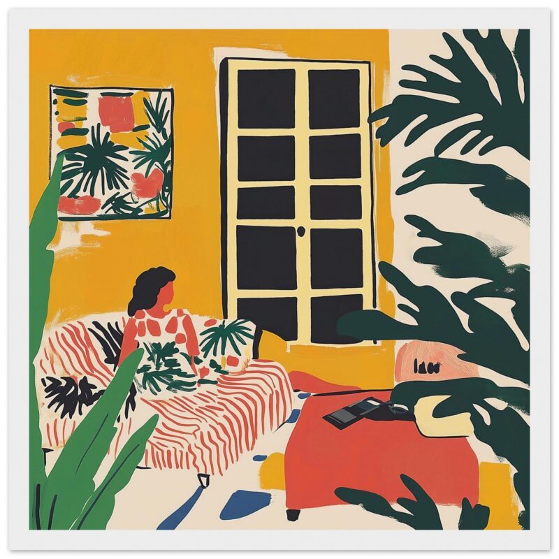 Colorida ilustración de interior con estilo artístico, plantas y mujer en sofá, ideal para decoración moderna.