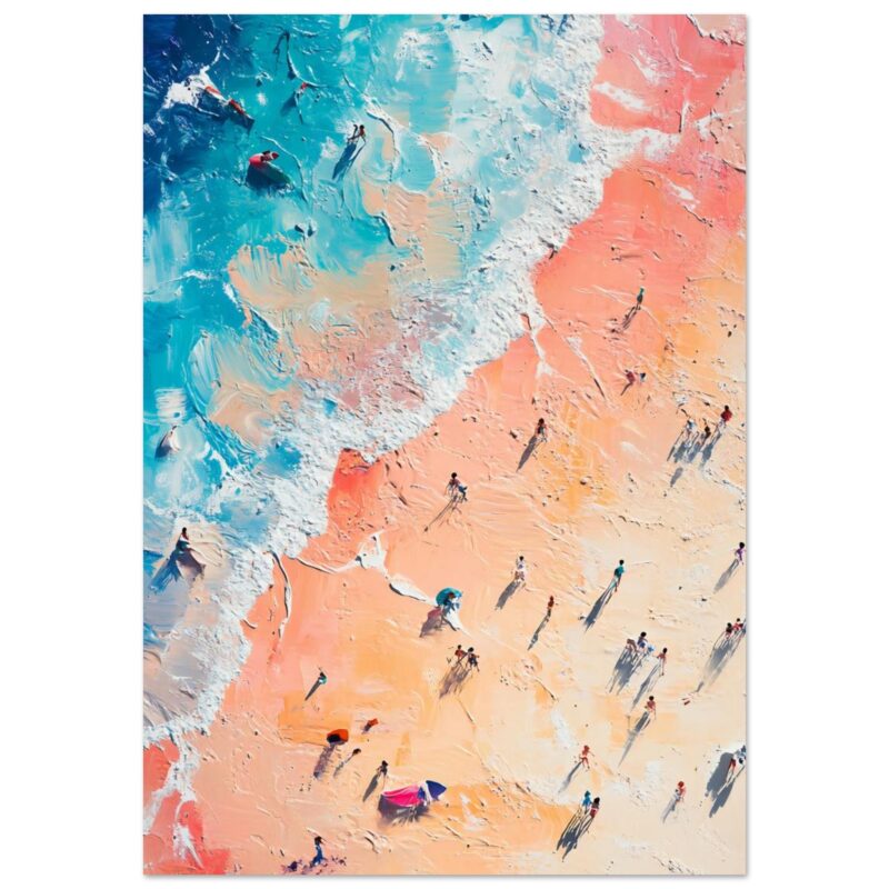 Playa pintada con estilo artístico digital, personas disfrutando del verano, olas y arena en colores vibrantes.