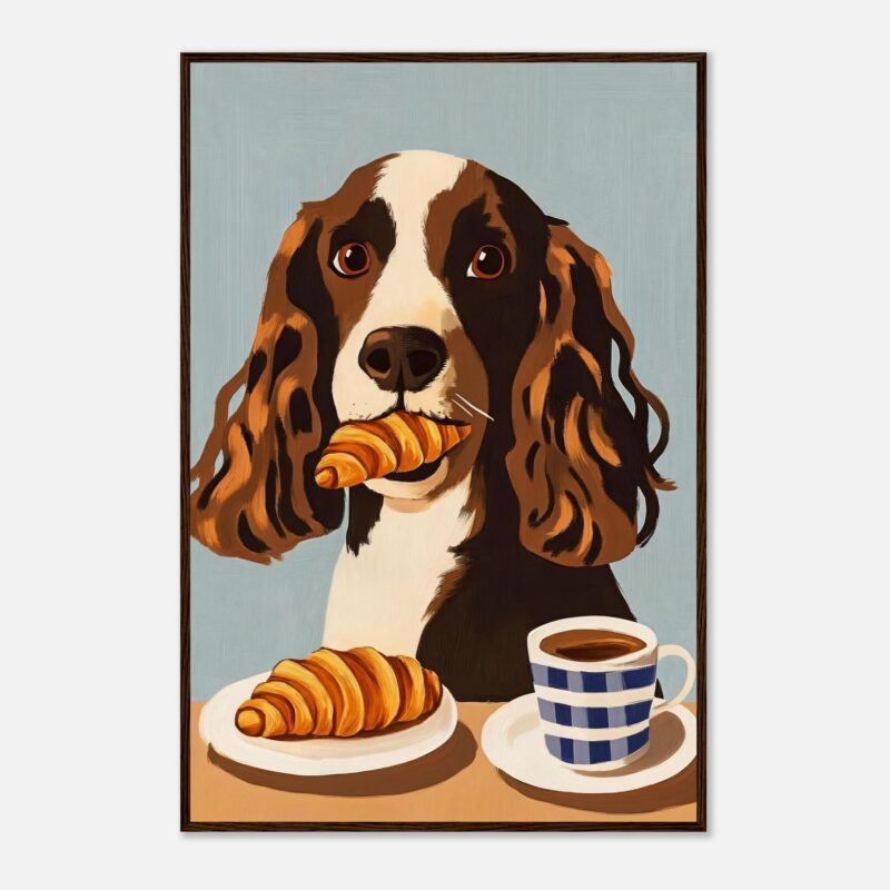 Perro con croissant en boca y taza de café, ilustración de estilo moderno y colorido.